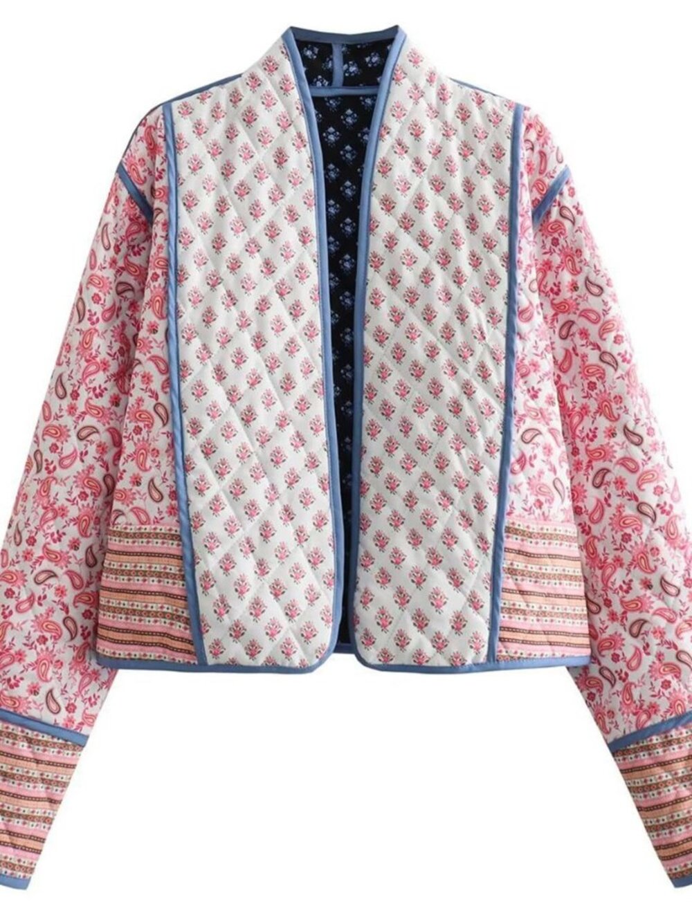 Womens Reversible Floral Quilted Jacket Crop Open Front Puffer Coat